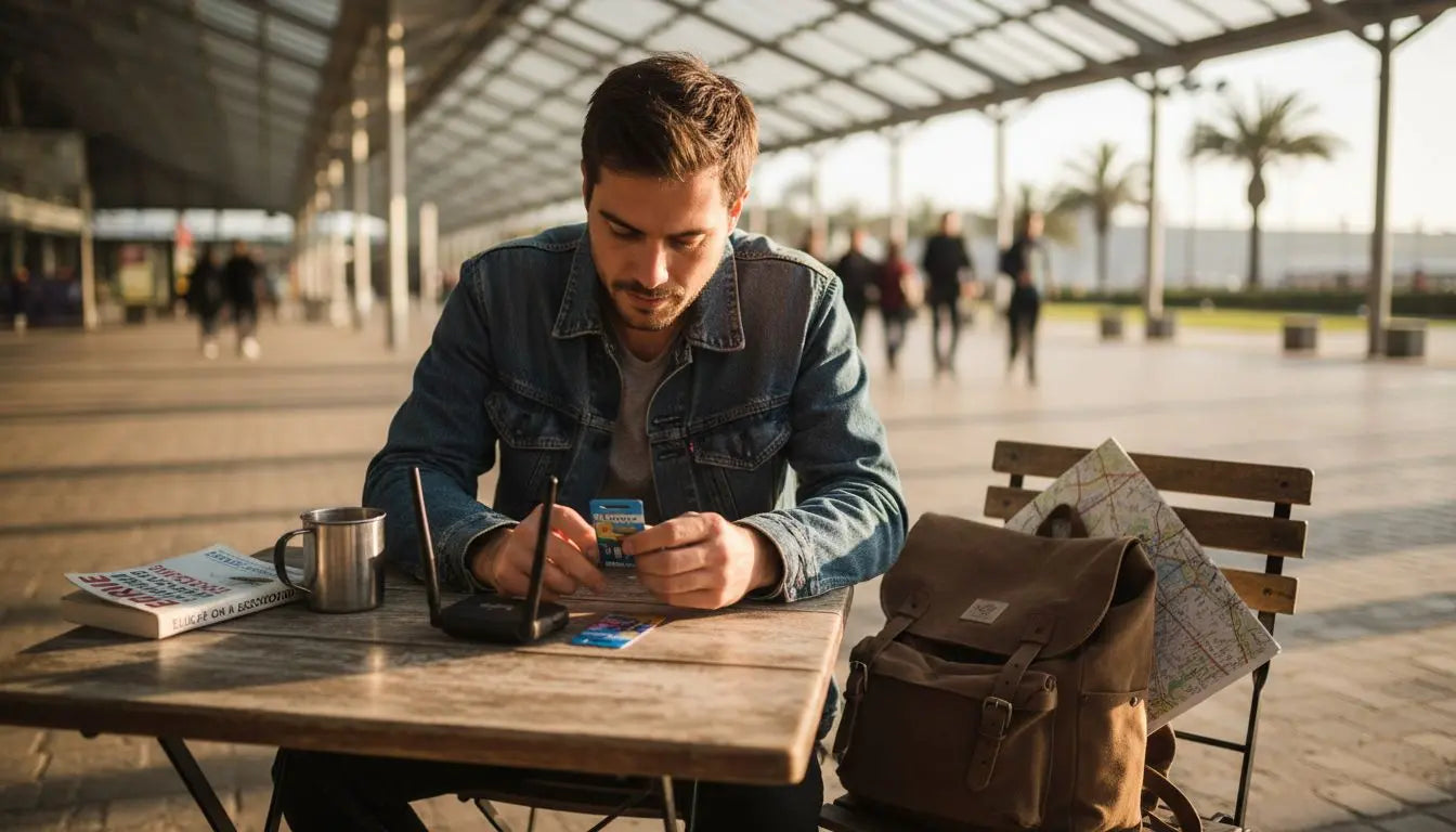 Traveler comparing Wi-Fi devices at airport café