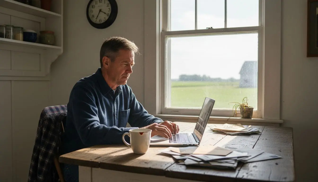 Farmer using laptop in rural farmhouse kitchen
