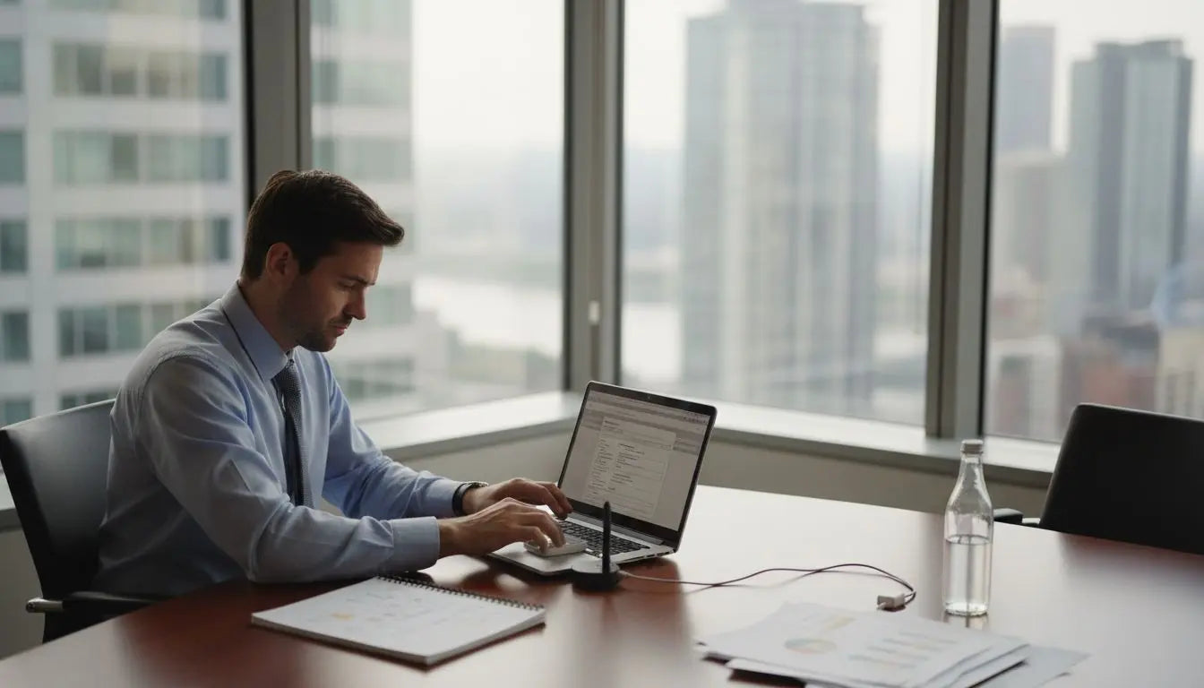 Man configuring hotspot in bright corner office