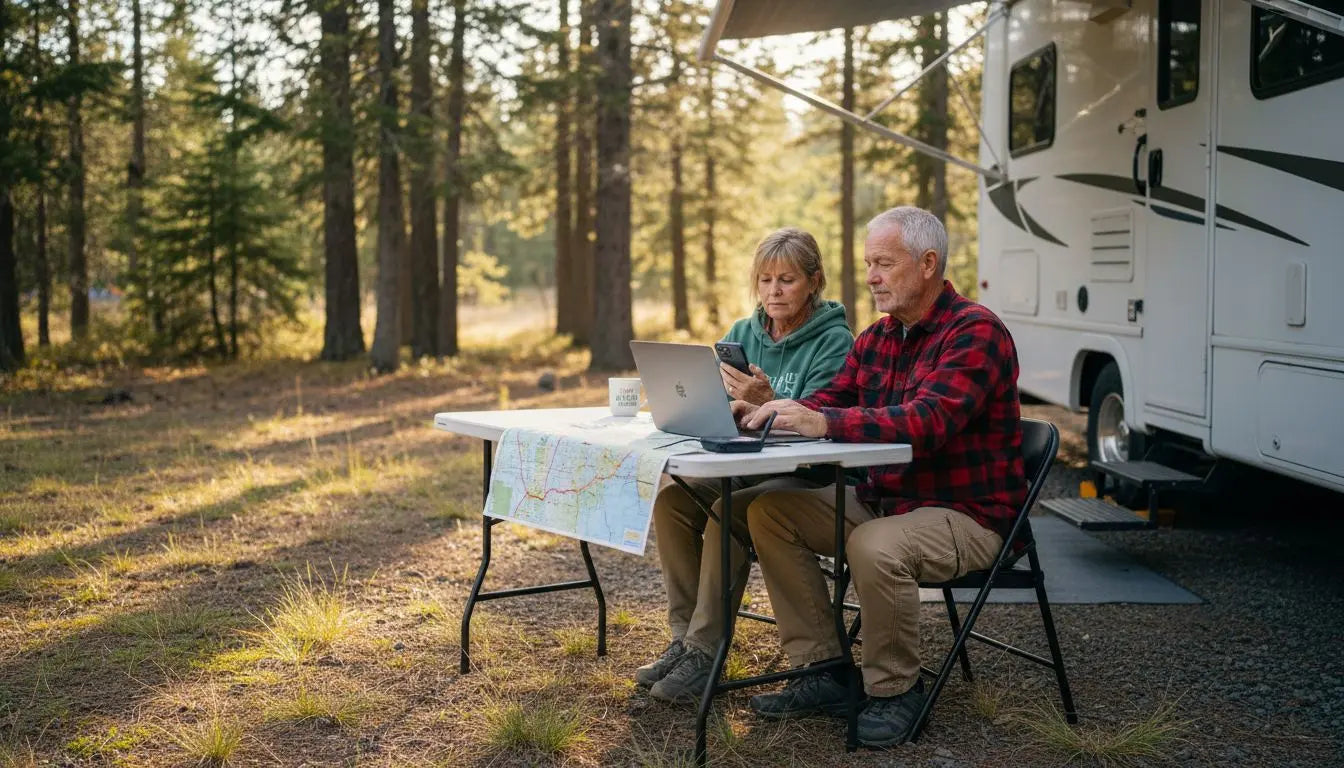 RV couple checking internet outside RV