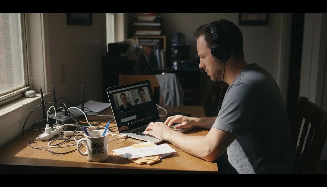 Remote worker at dining table using broadband