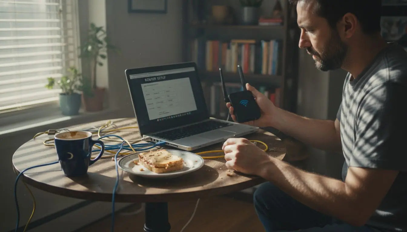 Man setting up mobile internet router at table