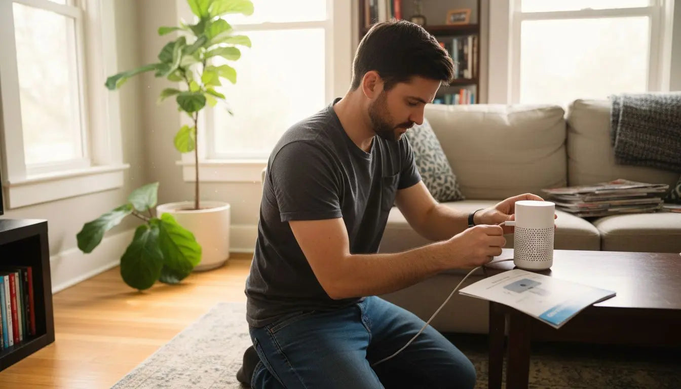 Man installing mesh WiFi node at home