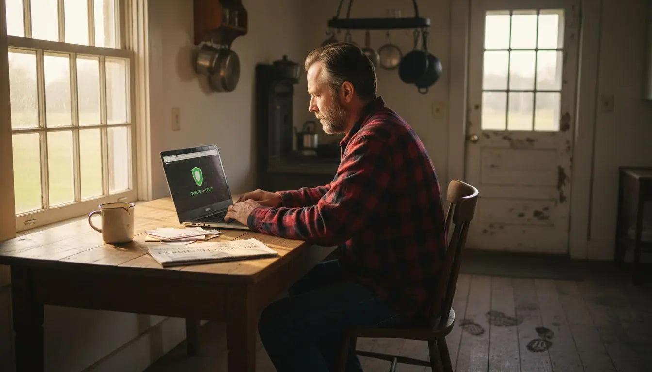 Rural user browsing internet with VPN at kitchen table
