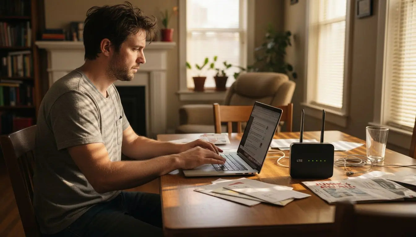 Man using laptop with LTE router at home