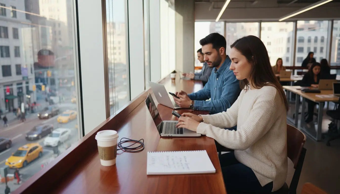 Professionals using 5G devices in city workspace